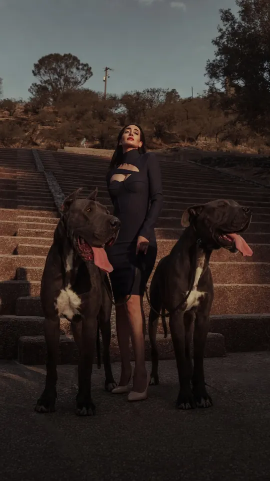 Liz con dos grandes daneses negros al pie de una escalinata