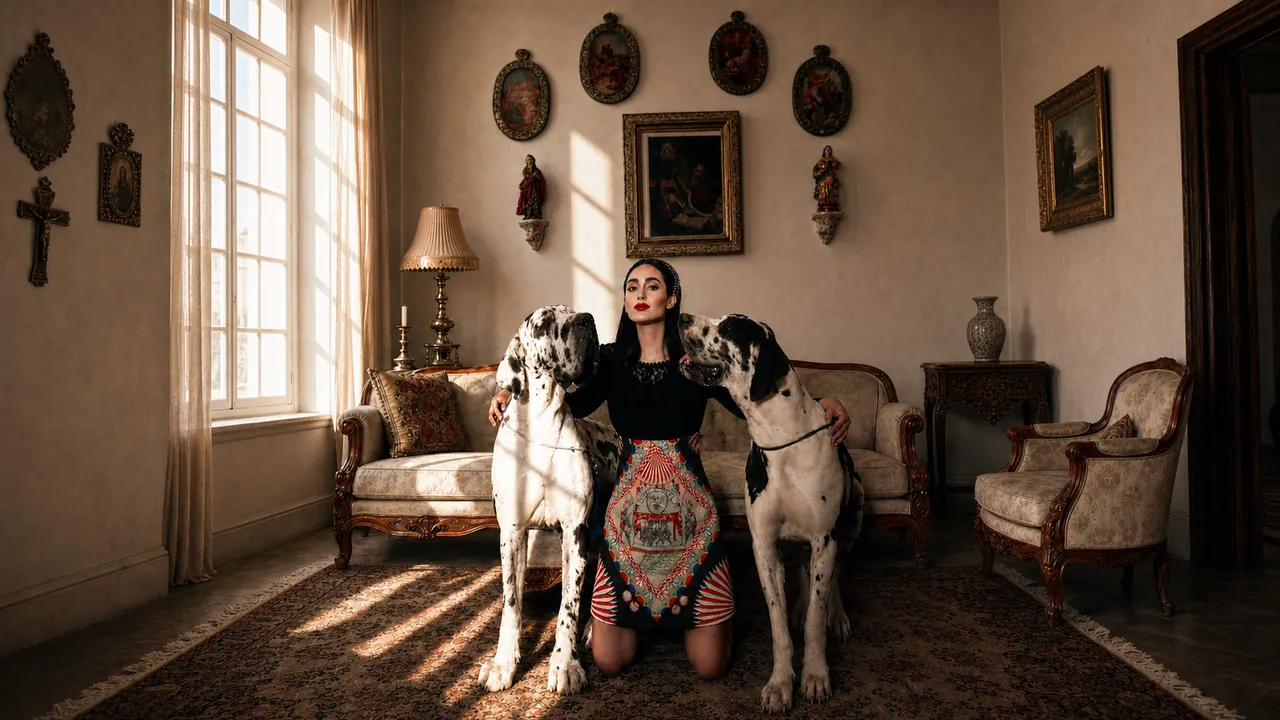 Liz Macías, de rodillas sobre una alfombra persa, entre dos gran daneses arlequín sentados a su lado; detrás, un salón de muros claros con una ventana alta, un sofá antiguo y una pared de retablos y santos.